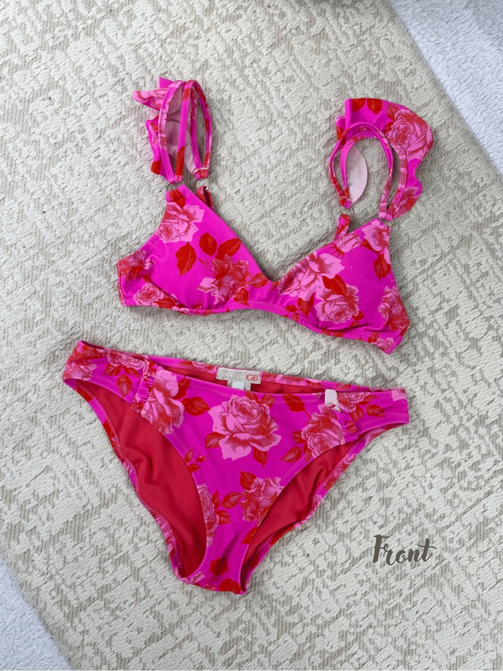 Gianni Bini Hot Pink and Coral Floral Bikini Top